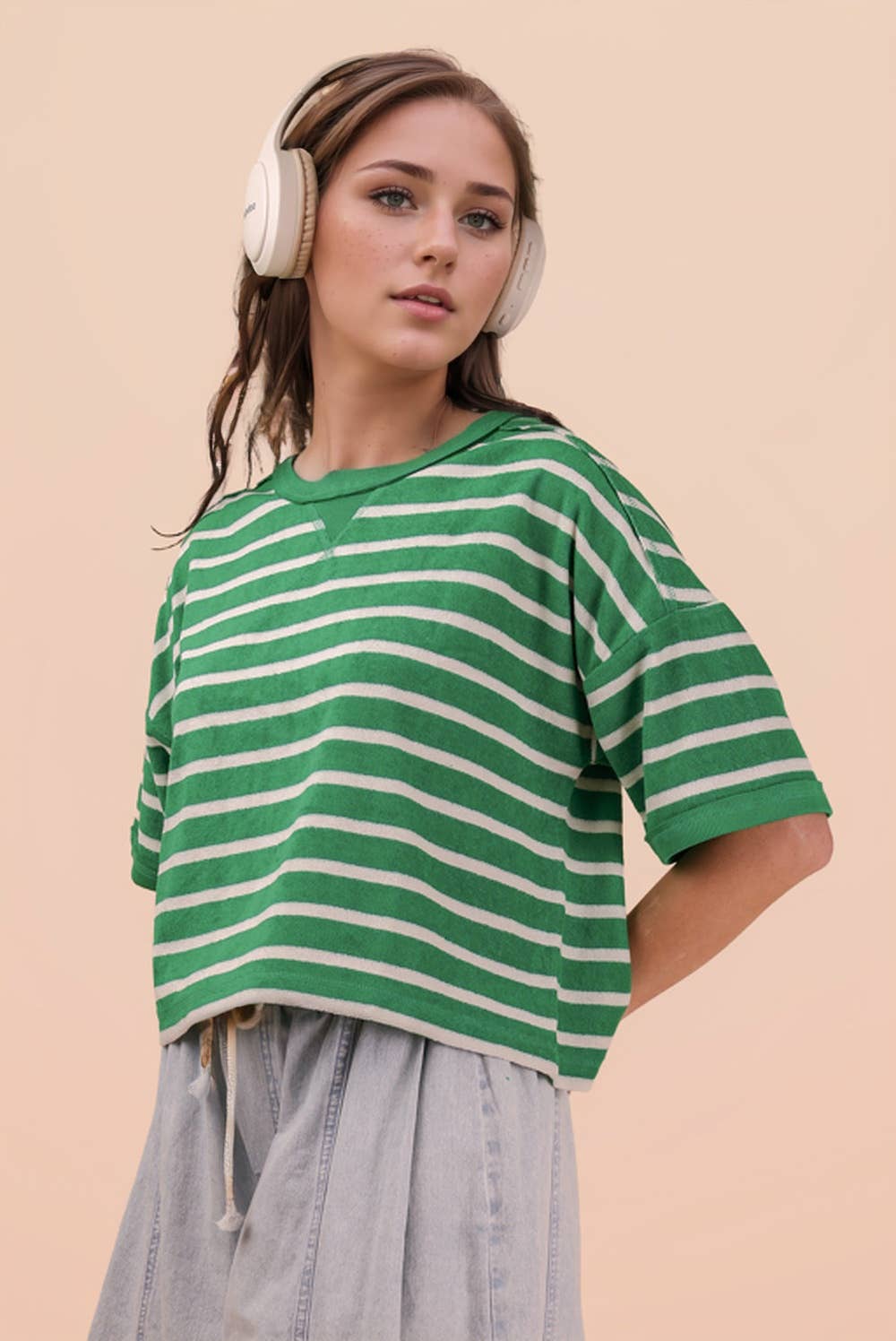 Oversized Stripe Terry Top: GREEN/OATMEAL
