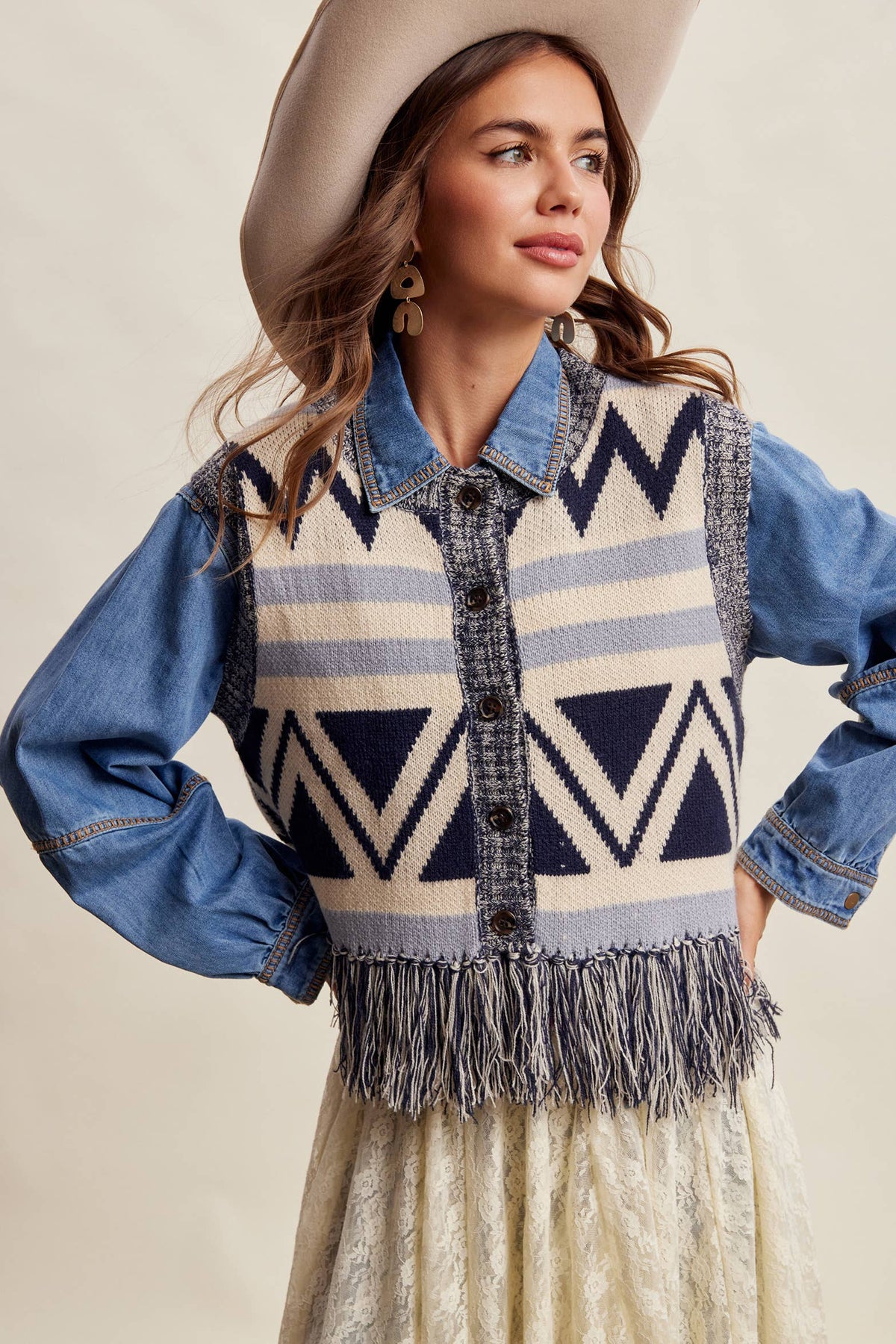 Western Fringe Knit Sweater Vest: Navy