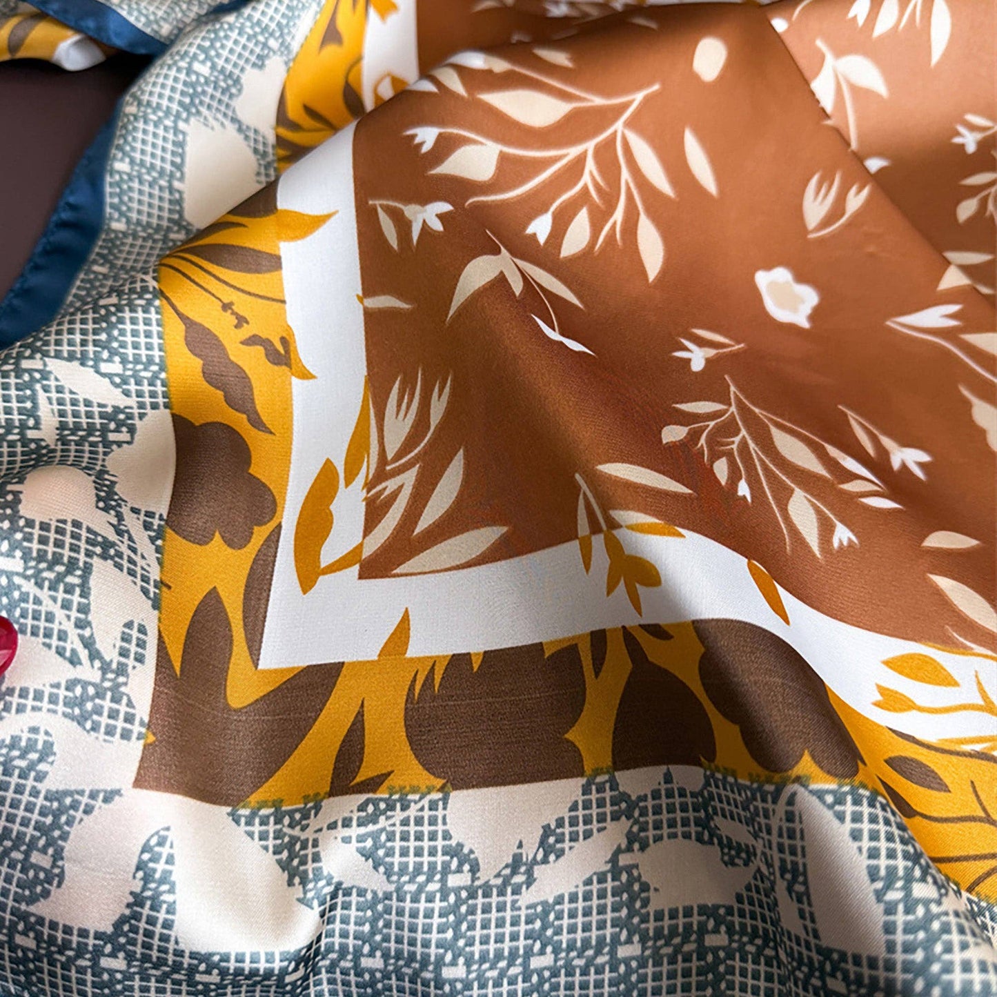 Satin Square Scarf with Botanical Print Soft Accessory: Brown