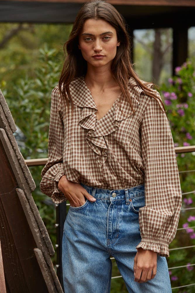 Woven Cotton Gingham Ruffled Blouse: Brown