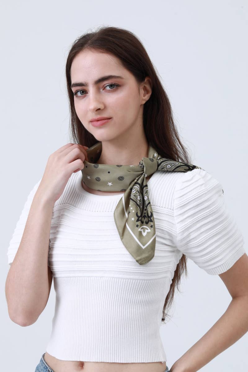 Celestial Floral & Paisley Print Bandana: Olive