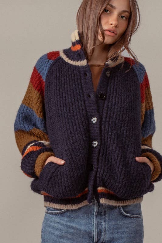 Chunky Rib-Knit Faux Fur Lined Cardigan: NAVY