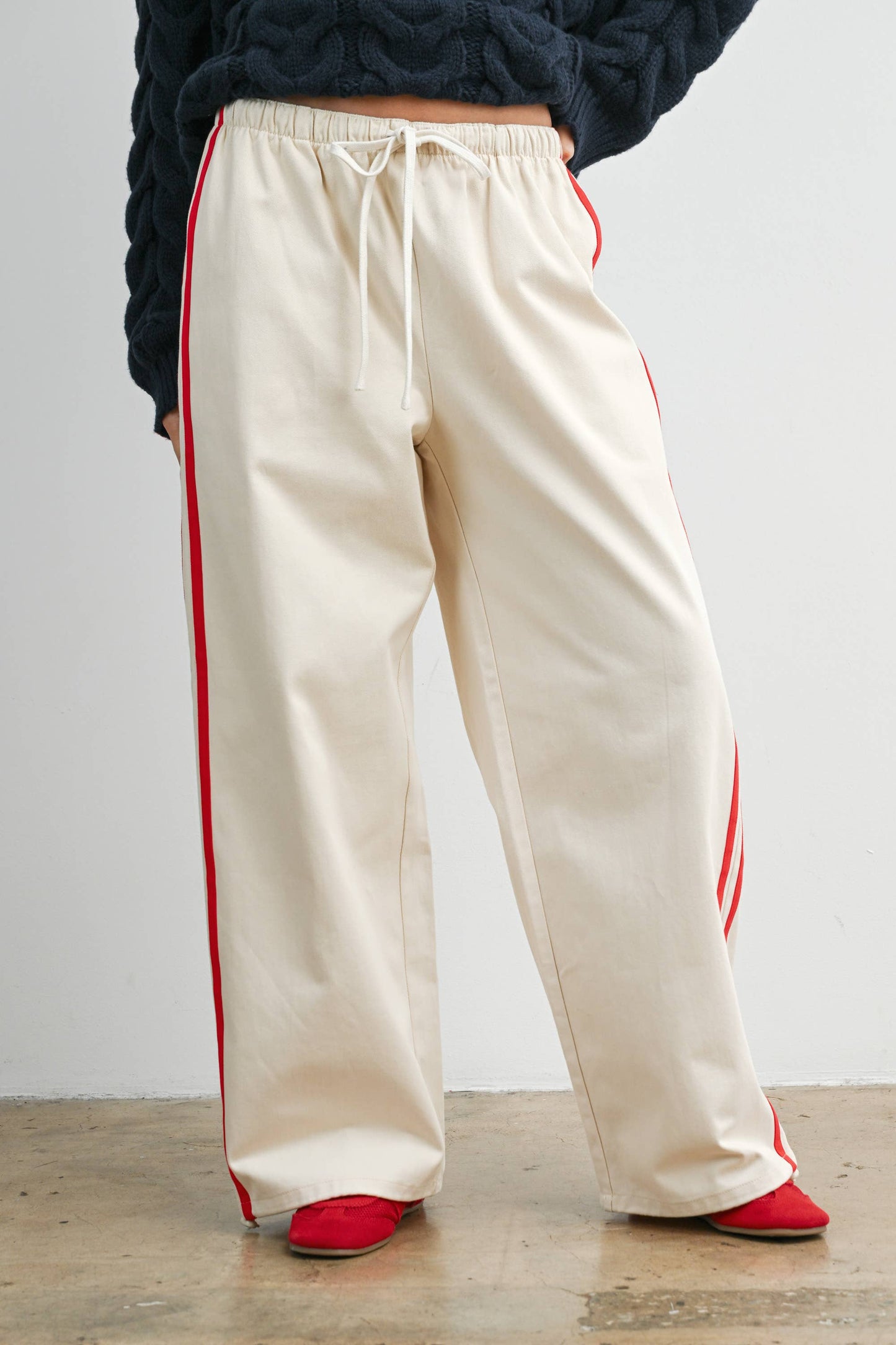 Striped Wide-Leg Drawstring Track Pants: IVORY / RED