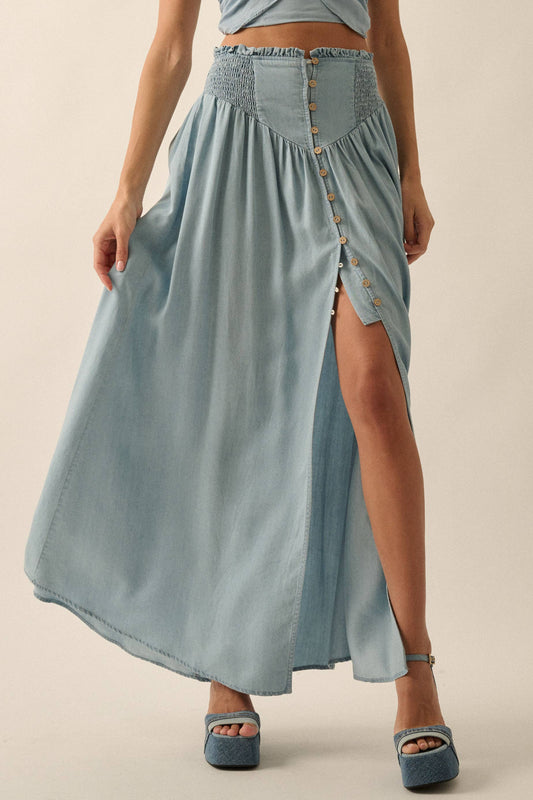 Smocked Denim Button-Front Maxi Skirt: LIGHT CHAMBRAY