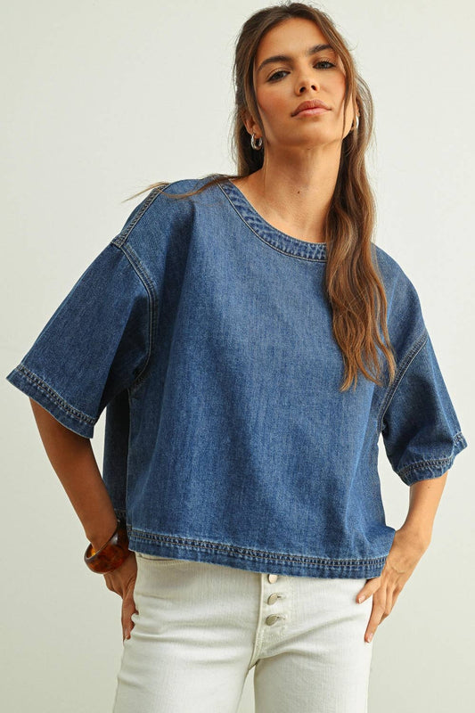 ROUND NECK SHORT SLEEVE DENIM TOP: DENIM BLUE