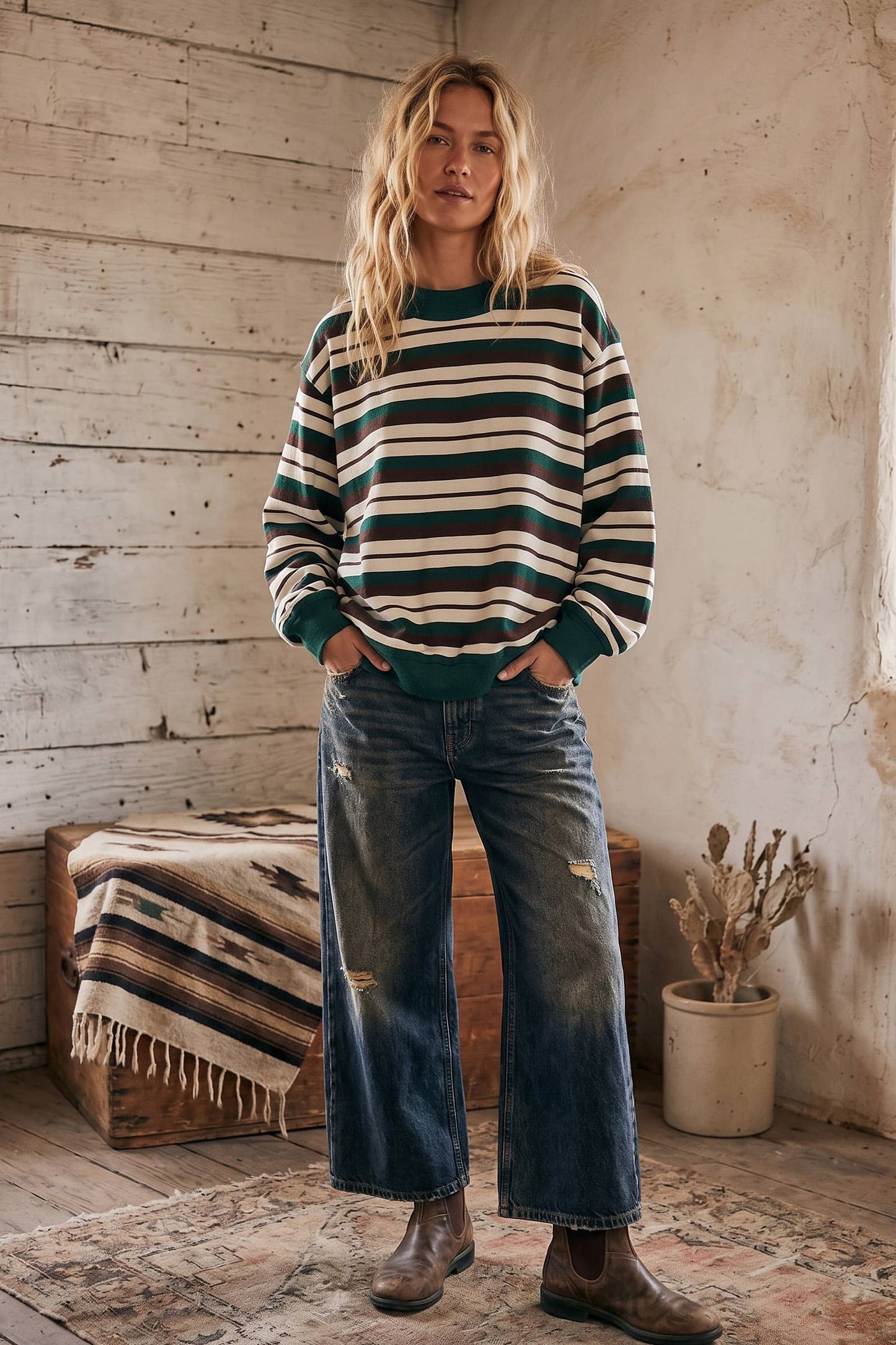 Oversized French Terry Striped Sweatshirt: GREEN/BROWN/CREAM