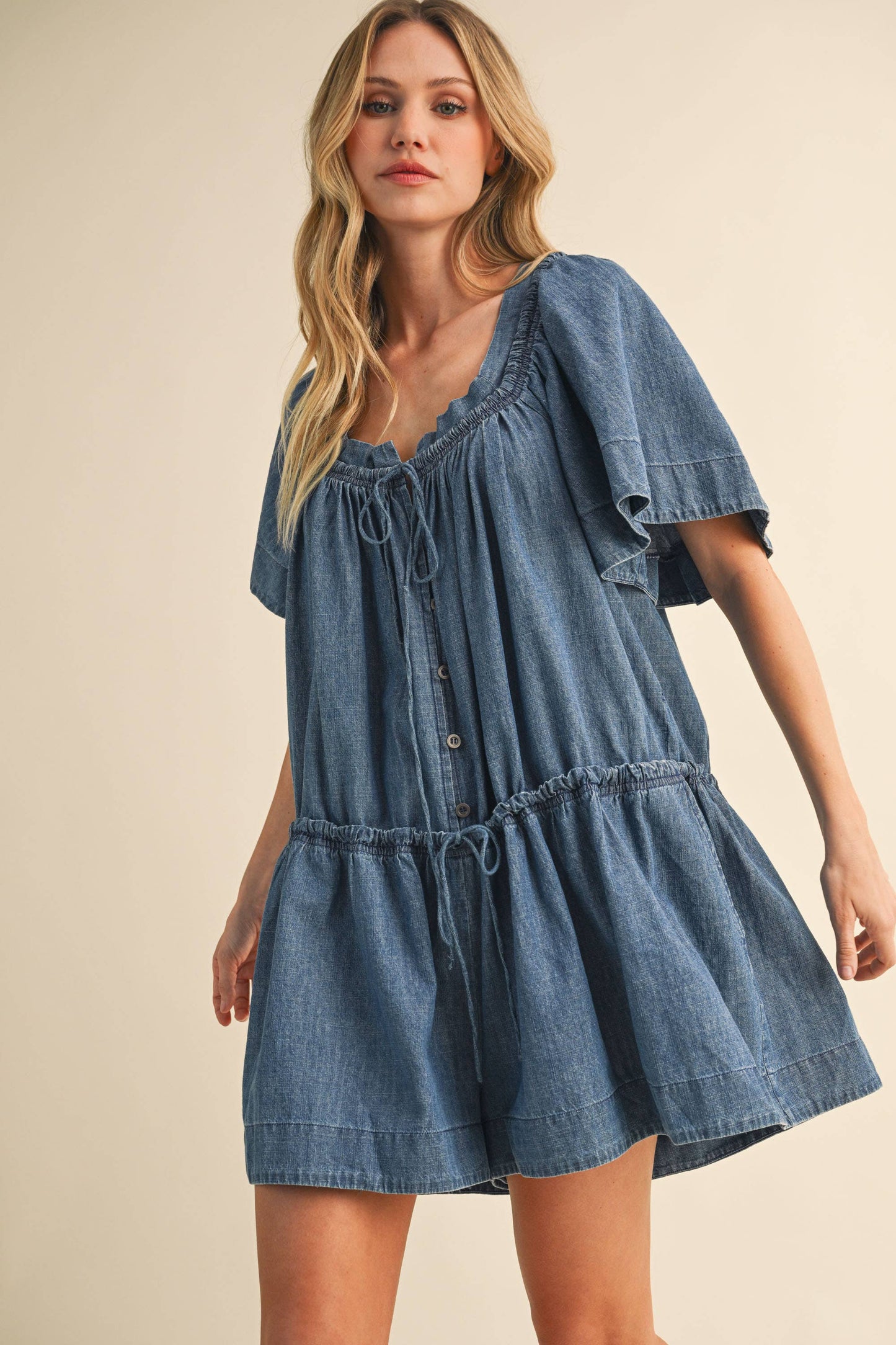 DENIM BUTTERFLY SLEEVE ROMPER: DENIM