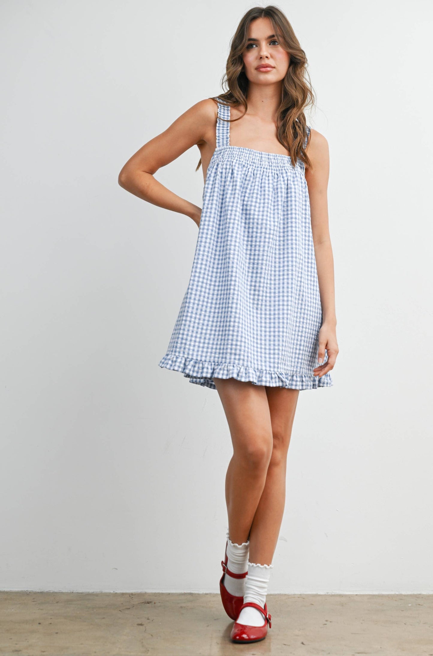 Back-Tie Smocked Ruffle Gingham Dress: BLUE / IVORY