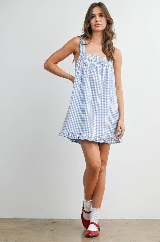 Back-Tie Smocked Ruffle Gingham Dress: BLUE / IVORY