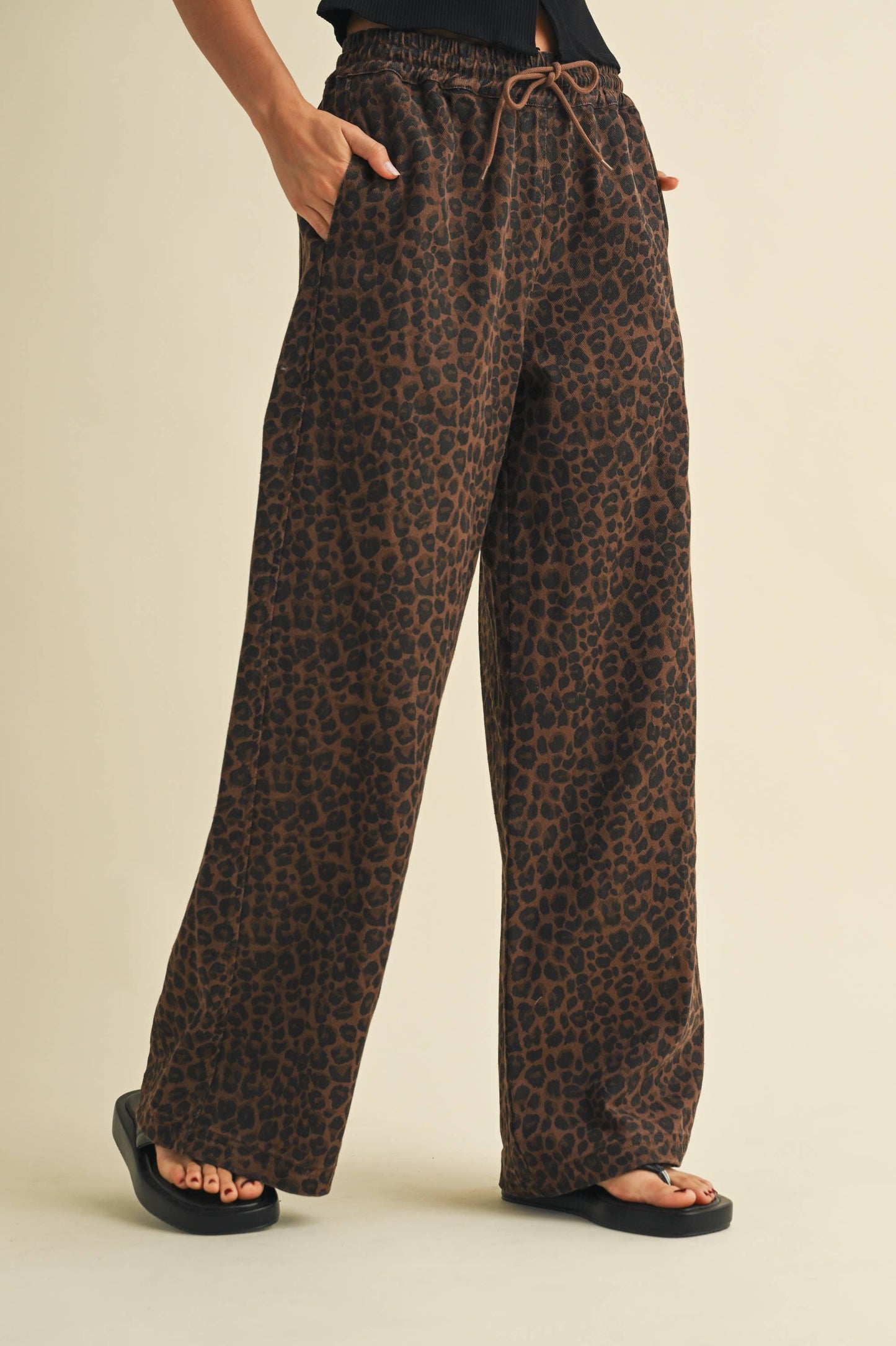 LEOPARD PRINT WIDE DENIM TRACK PANTS
