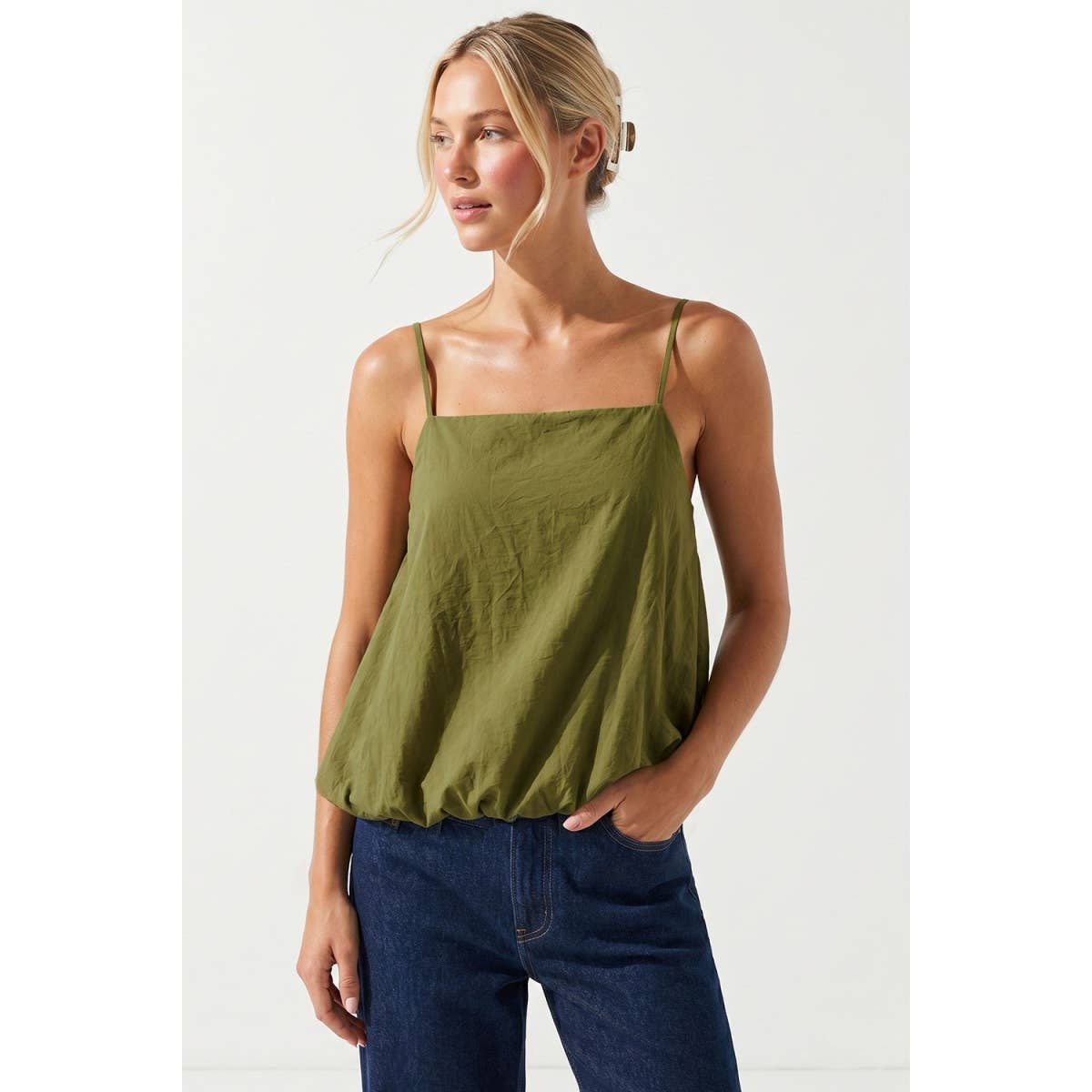 Billowy Cami Top With Bubble Hem: Olive Green