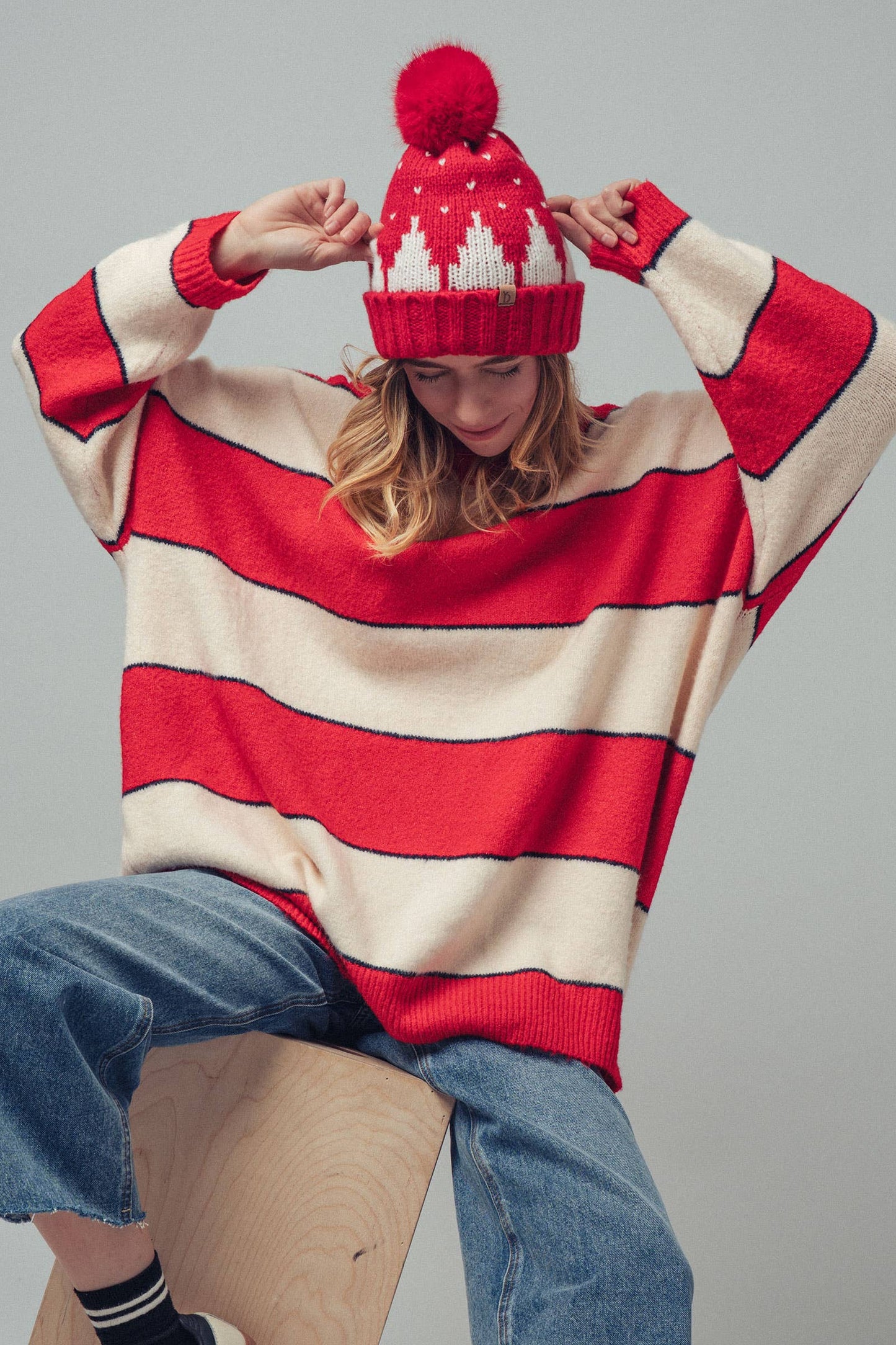 Oversized Rugby Stripe Knit Sweater: Red