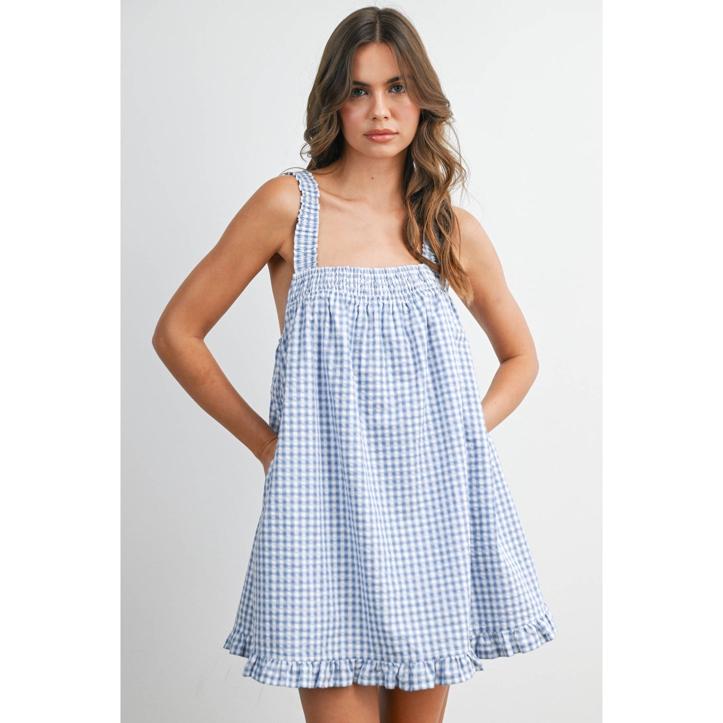 Back-Tie Smocked Ruffle Gingham Dress: BLUE / IVORY