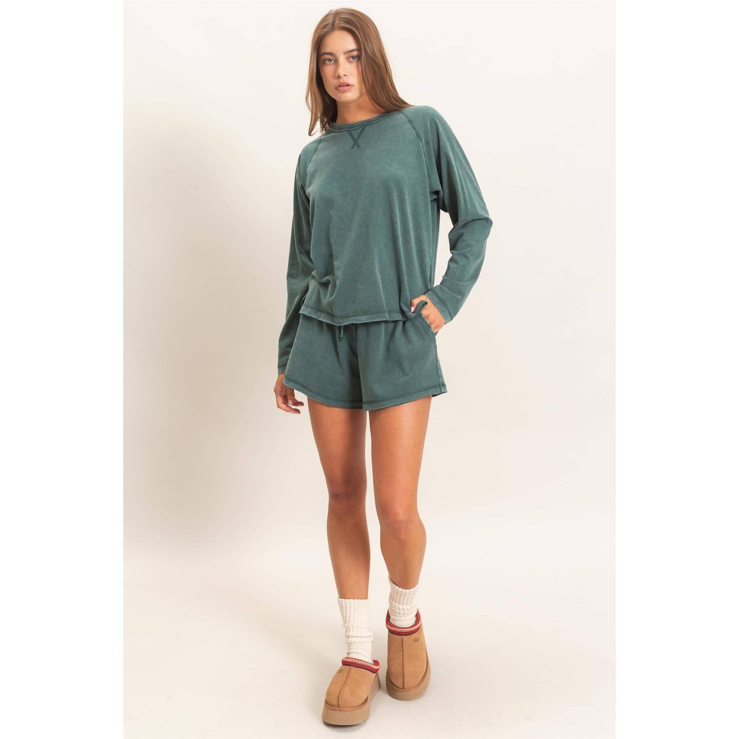 Mineral Wash Long Sleeve Raw Edge Top & Shorts Set: BLACK