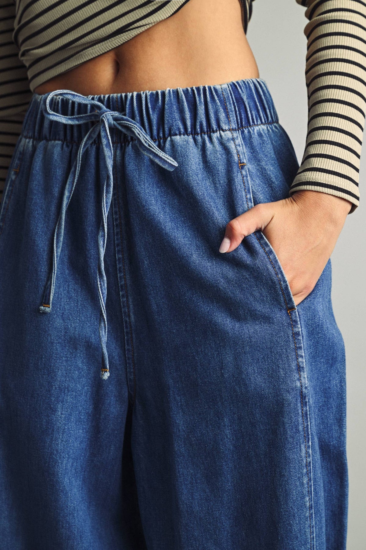 LOOSE BARREL ELASTIC BAND WAIST DENIM PANTS: DENIM