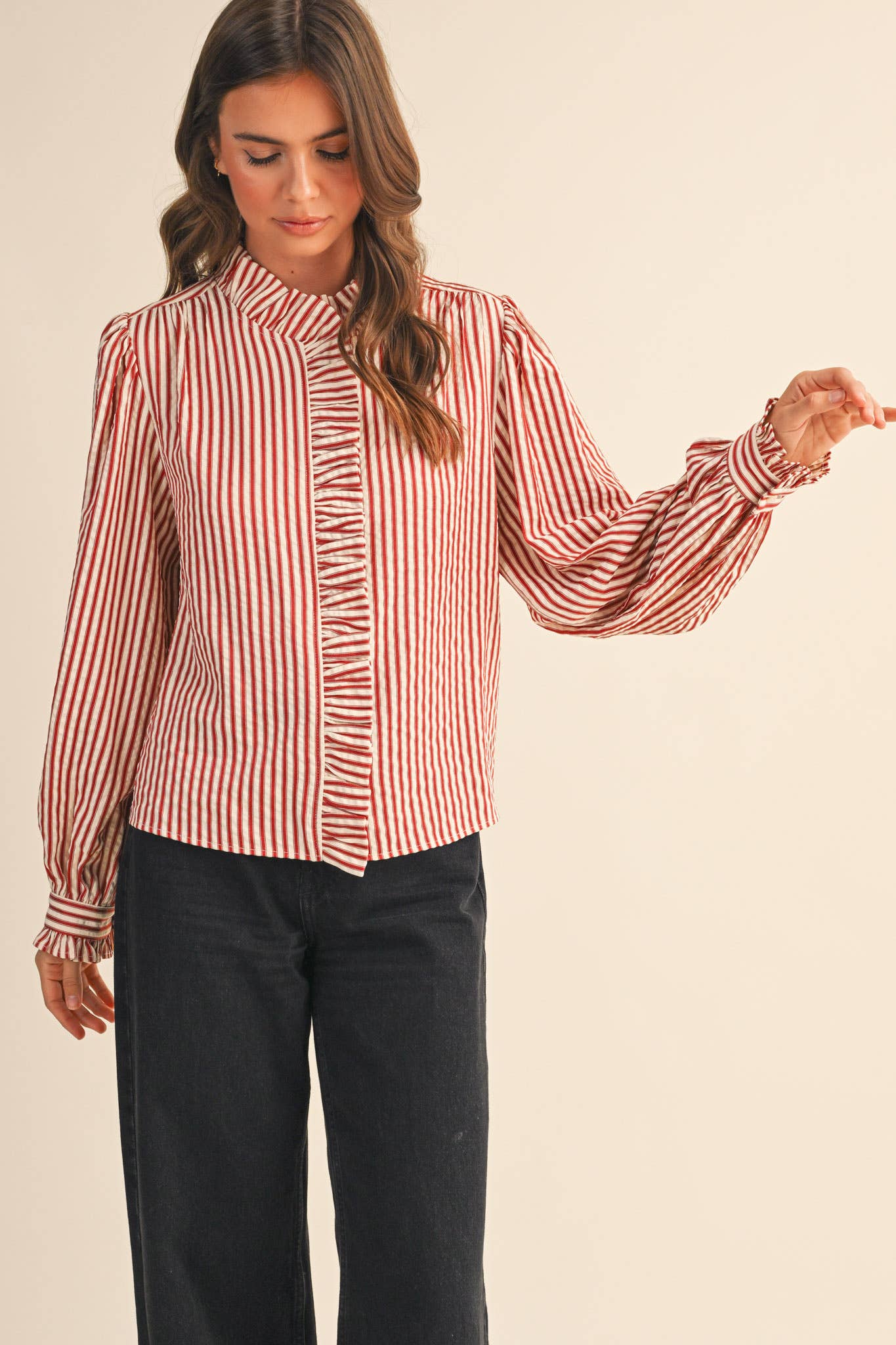 STRIPED RUFFLED BUTTON DOWN: Red Stripe