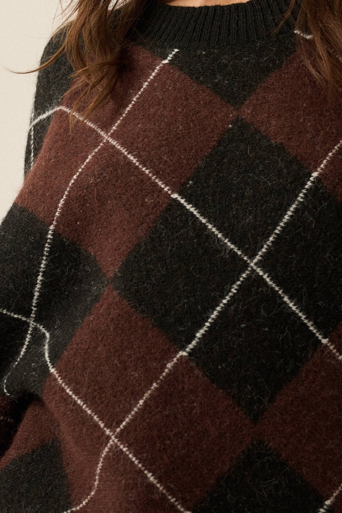 Argyle Plaid Knit Dolman-Sleeve Sweater: Brown-Black