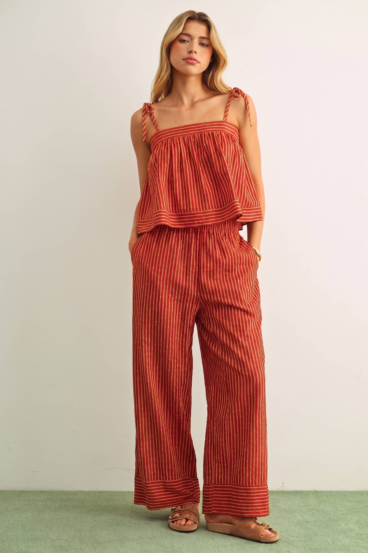 STRIPED PRINT STRAIGHT WIDE LEG PANTS: TOMATO