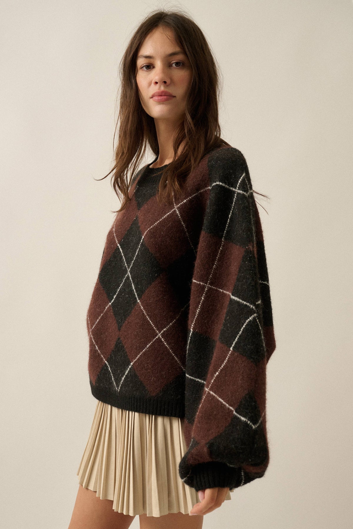 Argyle Plaid Knit Dolman-Sleeve Sweater: Brown-Black