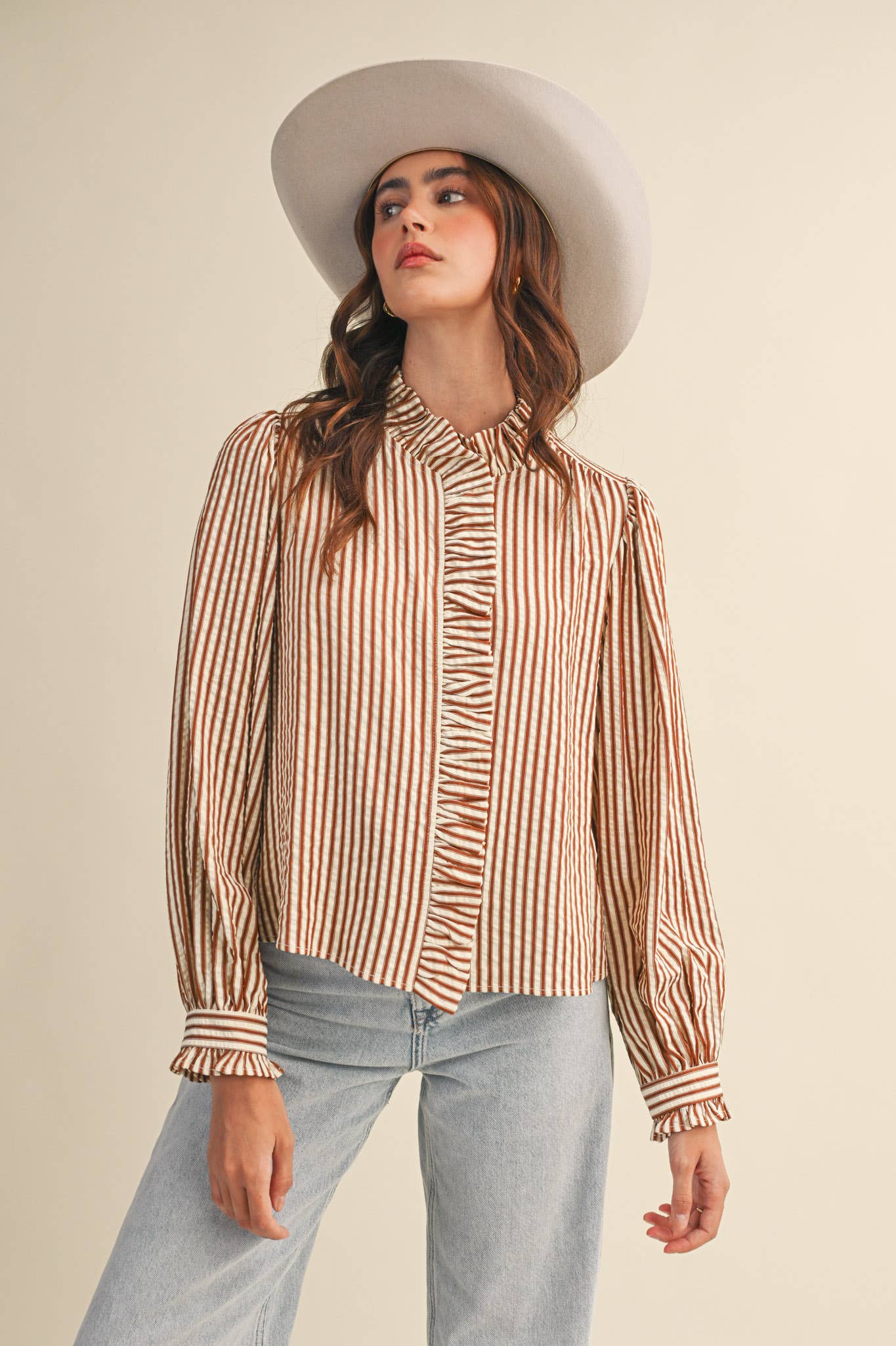 STRIPED RUFFLED BUTTON DOWN- brown