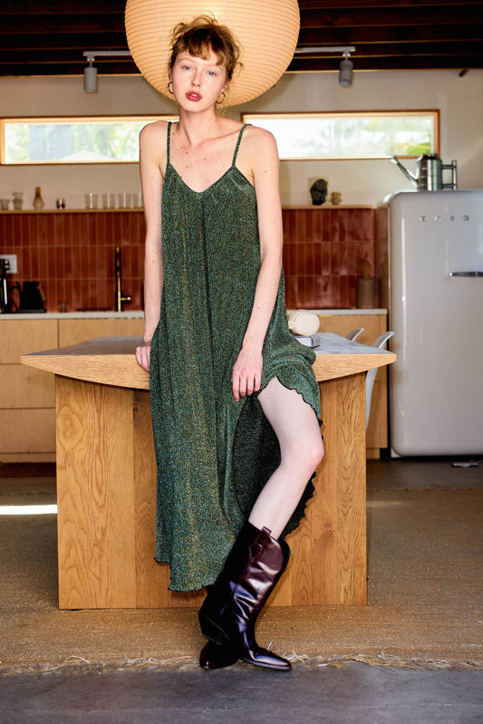 Metallic Aurora Camisole Pleated Midi Dress : Olive