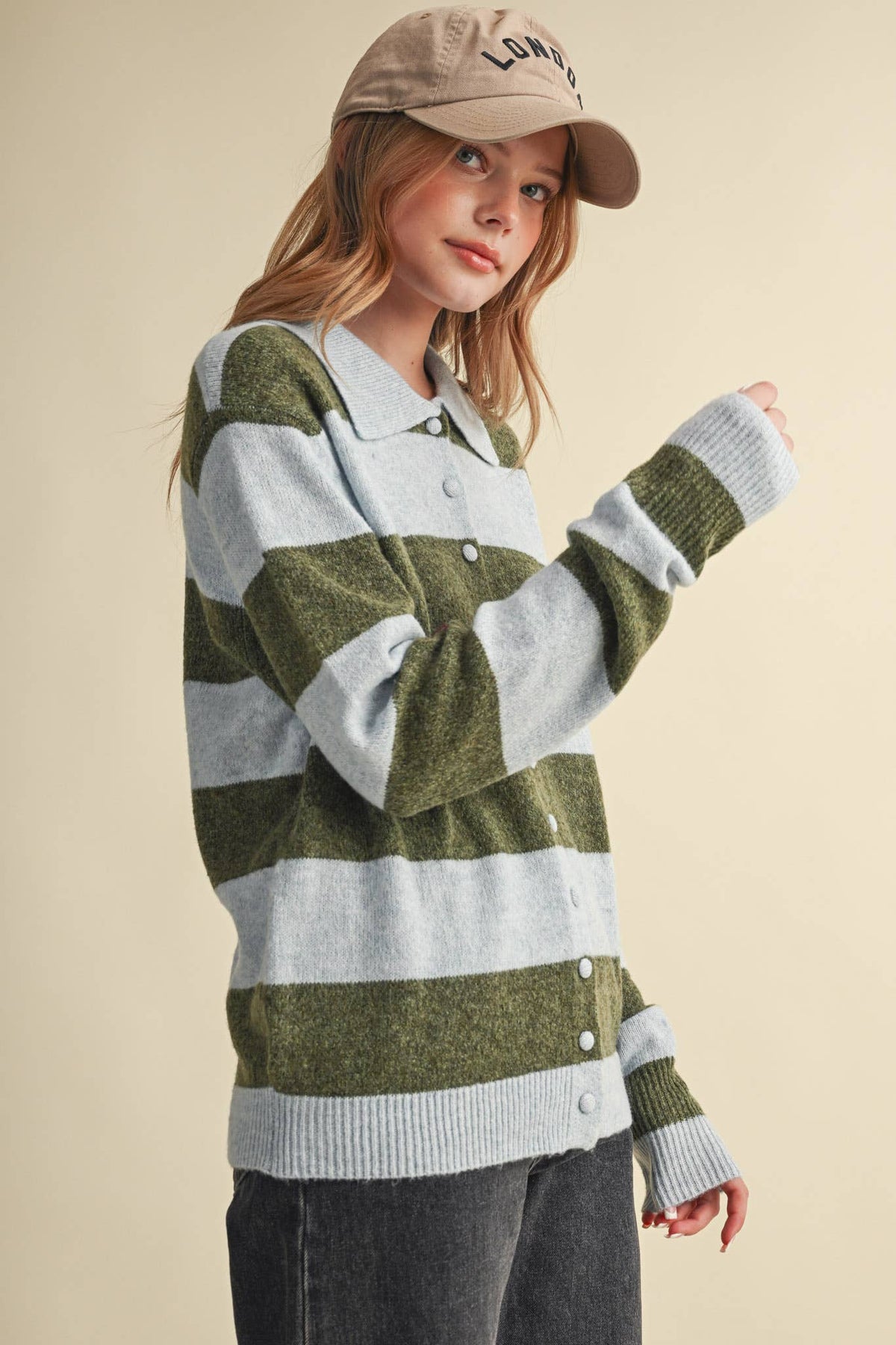 STRIPED SWEATER CARDIGAN: POWDER BLUE OLIVE