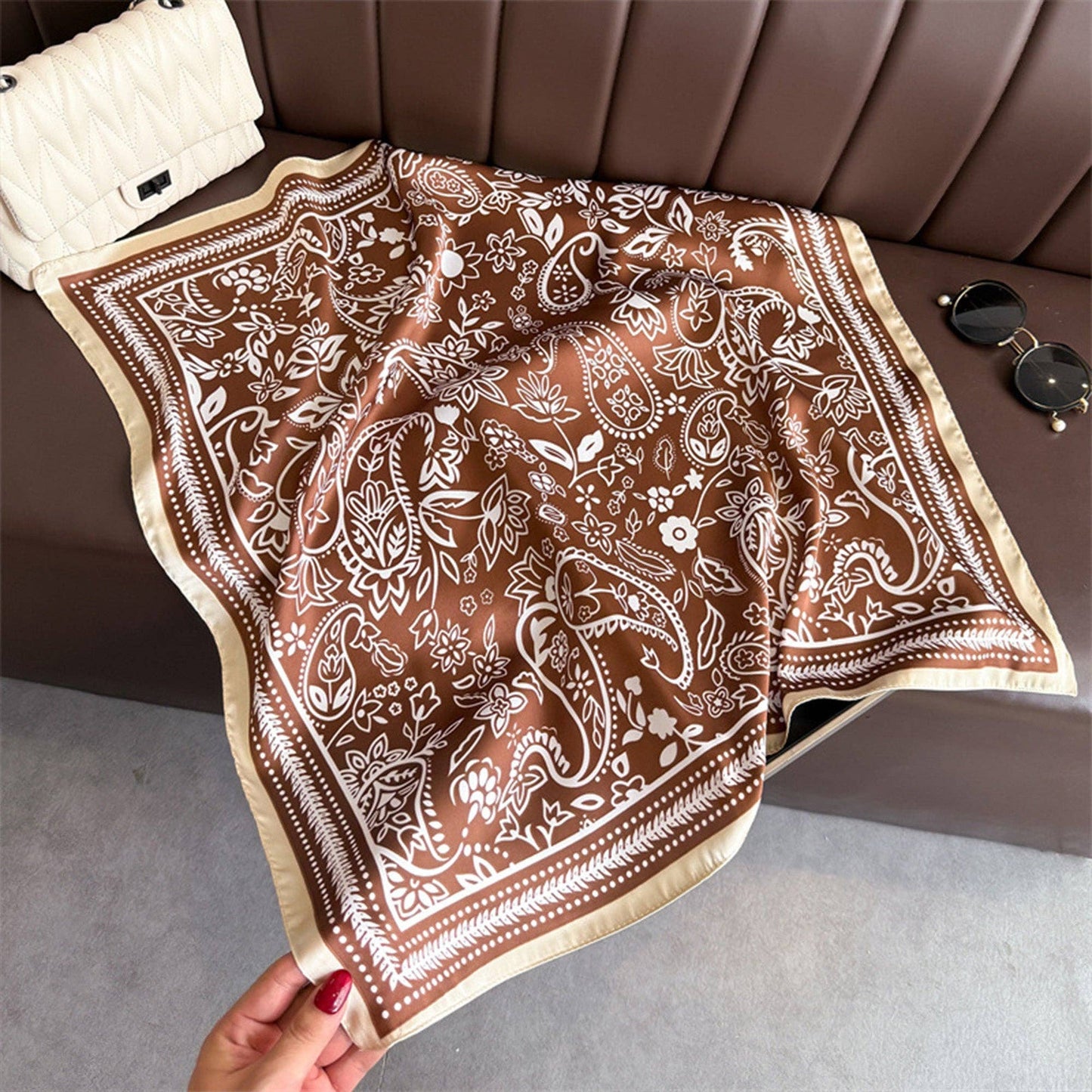 Satin Scarf with Classic Paisley Print: Brown
