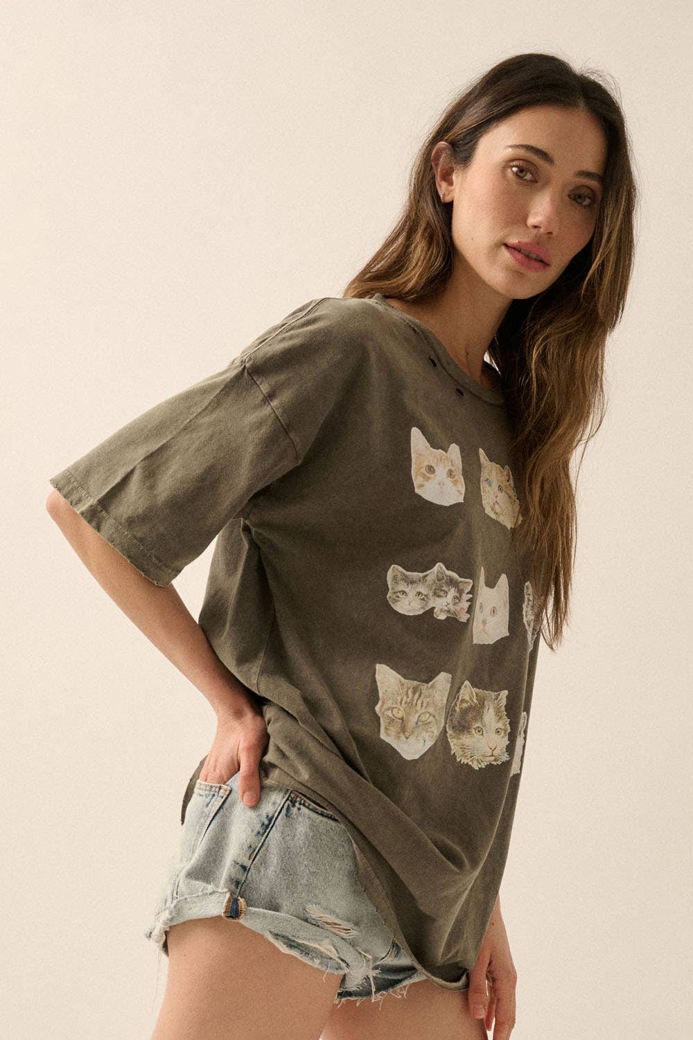 Cat Photos Distressed Oversize Graphic Tee: Iron