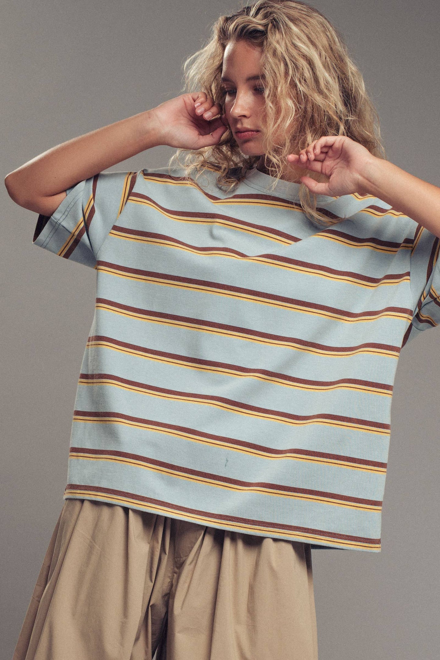 Oversized Striped Western Relaxed Fit Tee: BLUE BROWN