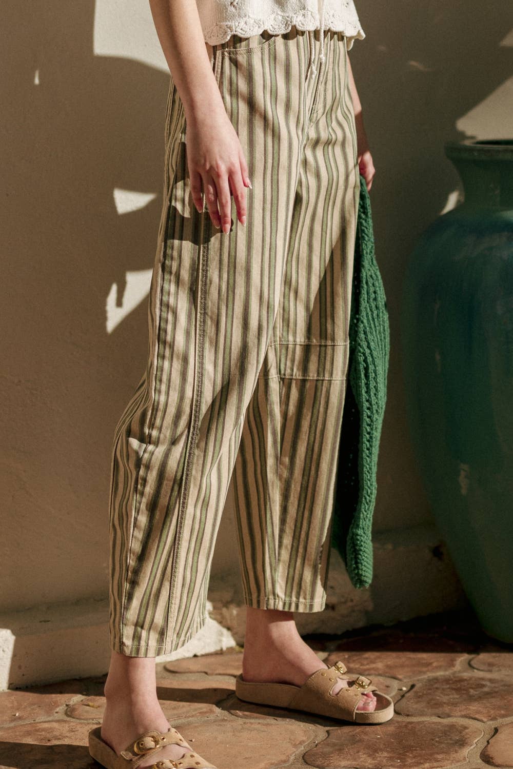 MULTI MIX STRIPE PRINTED BARREL PANTS: GREEN MULTI