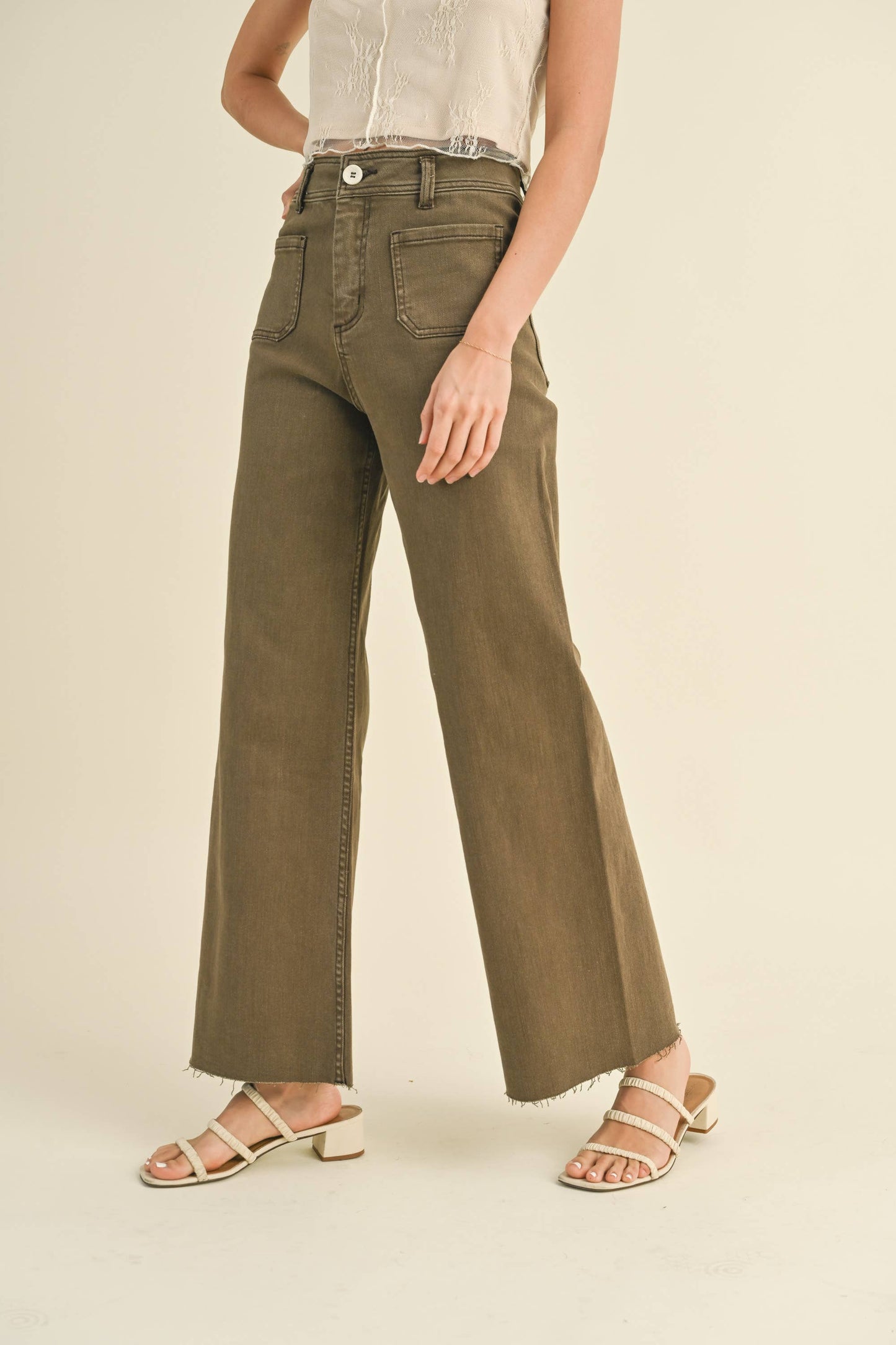 STRAIGHT WIDE LEG PANTS WITH FRONT POCKET: Washed Brown