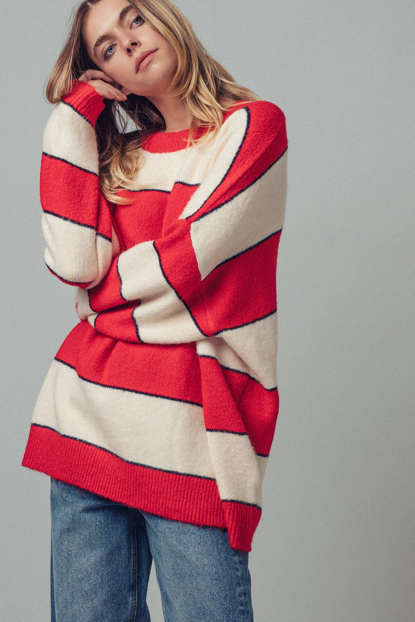 Oversized Rugby Stripe Knit Sweater: Red