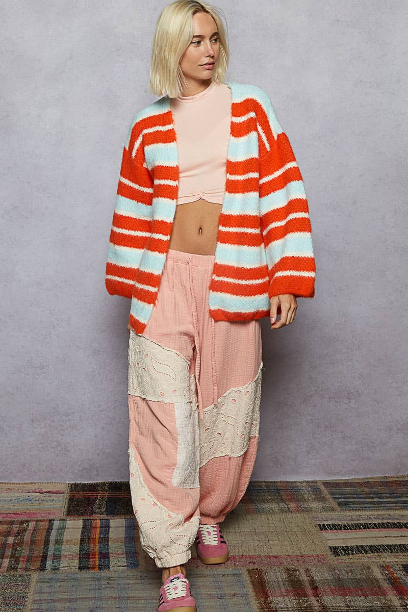 V-neck long sleeve stripe mohair sweater cardigan: SKY/ORANGE / M