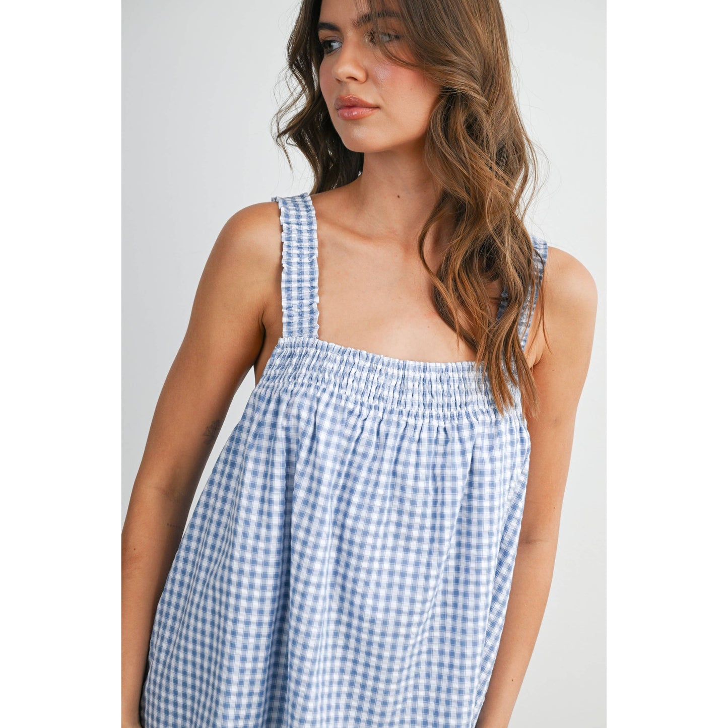 Back-Tie Smocked Ruffle Gingham Dress: BLUE / IVORY