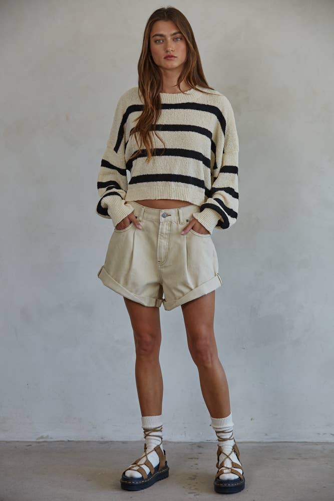 Knit Sweater Striped Crewneck Long Sleeve Top: Natural Black