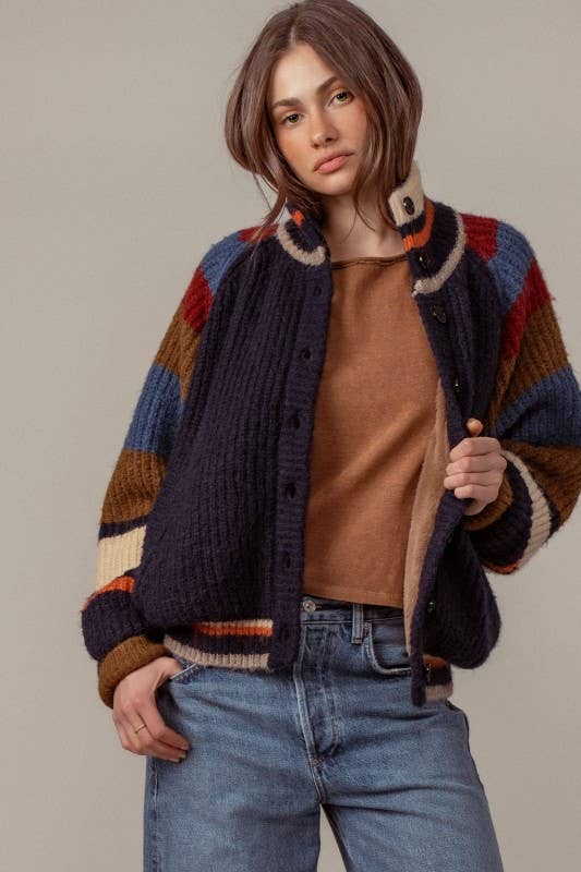 Chunky Rib-Knit Faux Fur Lined Cardigan: NAVY