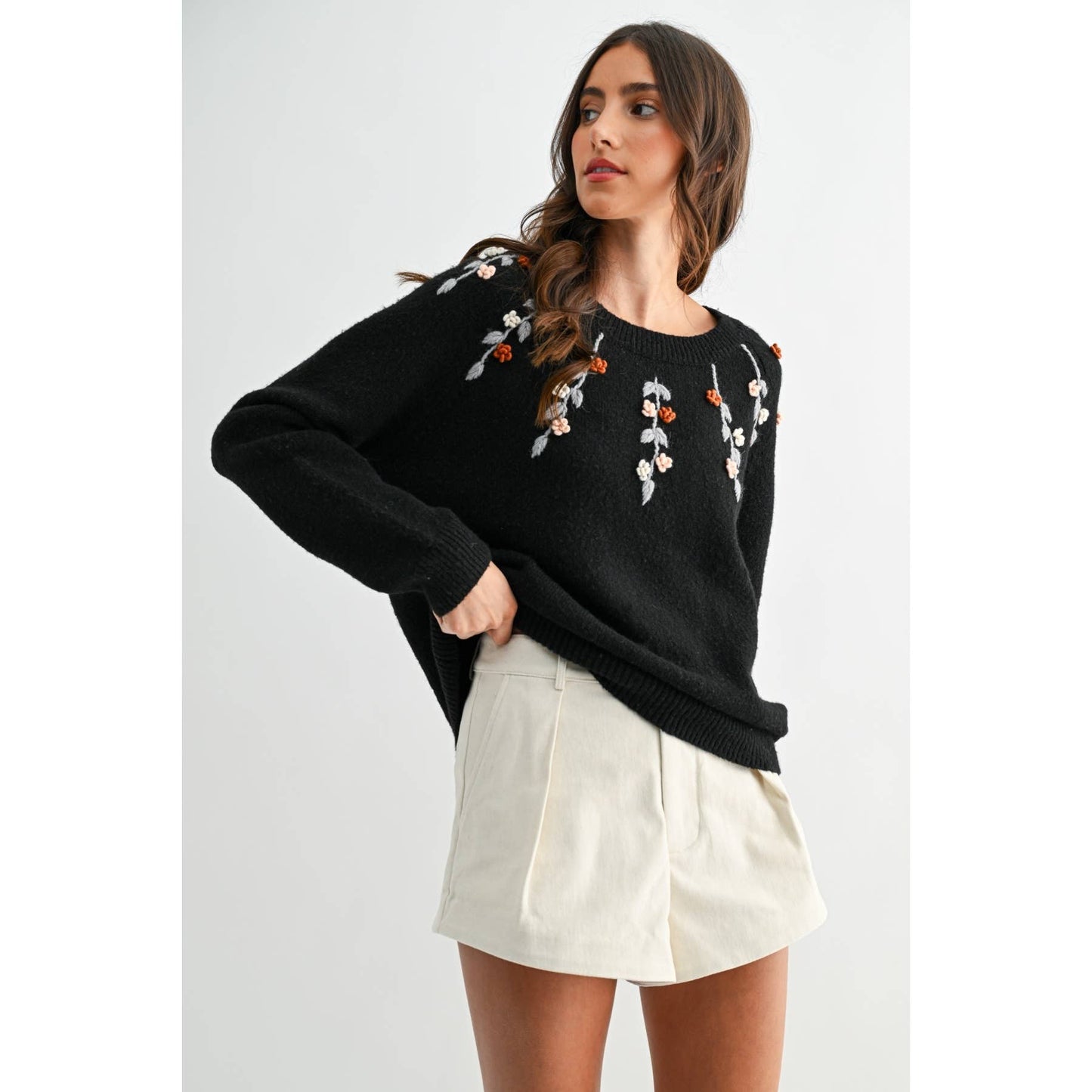 BLACK EMBROIDERED FLORAL SWEATER: BLACK