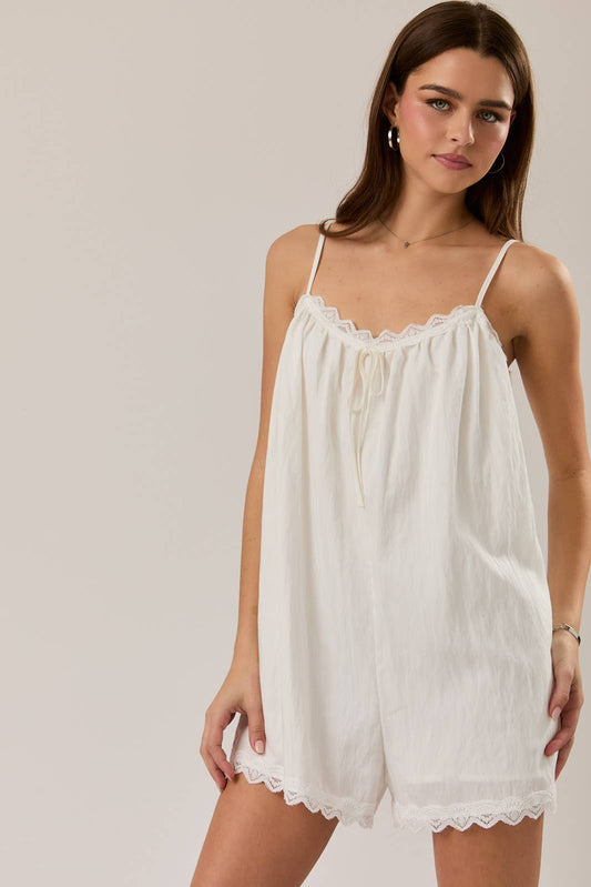 LACE TRIM ROMPER: White
