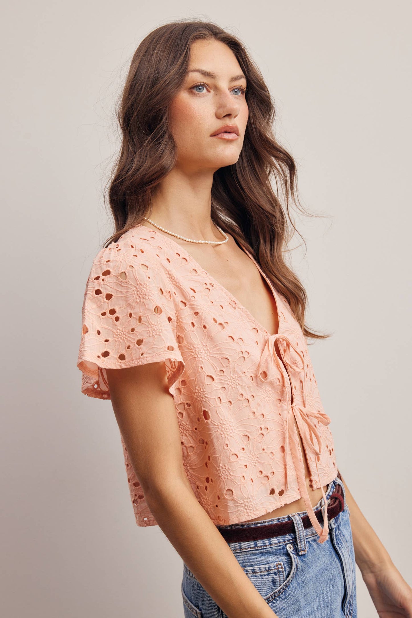 Eyelet Tie-Front Lined Cotton Top: Ivory