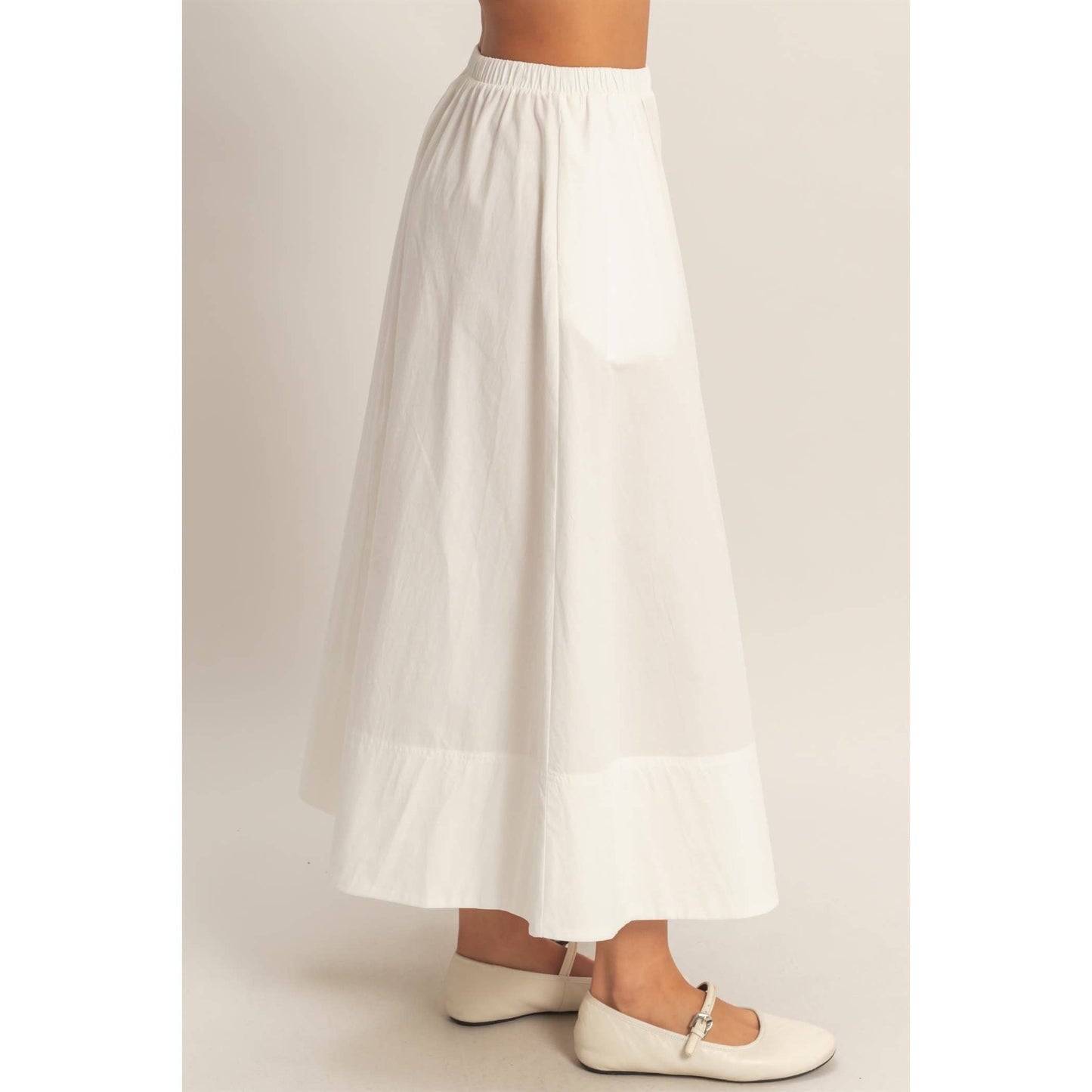 Elastic Waist Midi Poplin Skirt: WHITE
