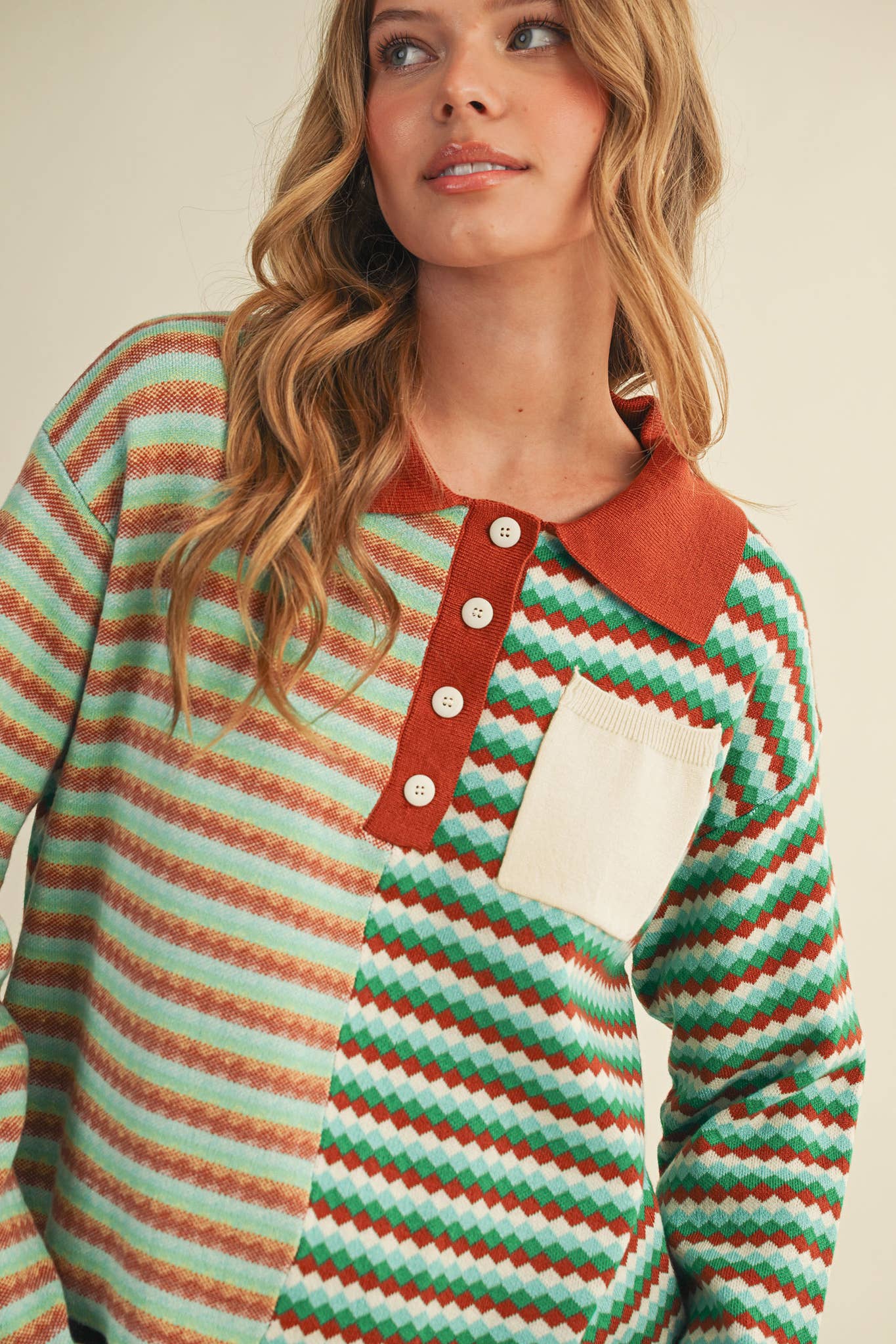 MULTI-COLOR STRIPED KNIT SWEATER: TEAL COPPER