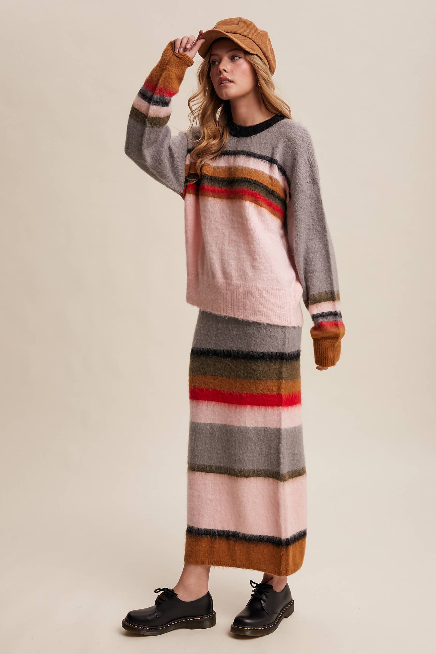 Striped Fuzzy Knit Sweater & Skirt: Light Pink Multi
