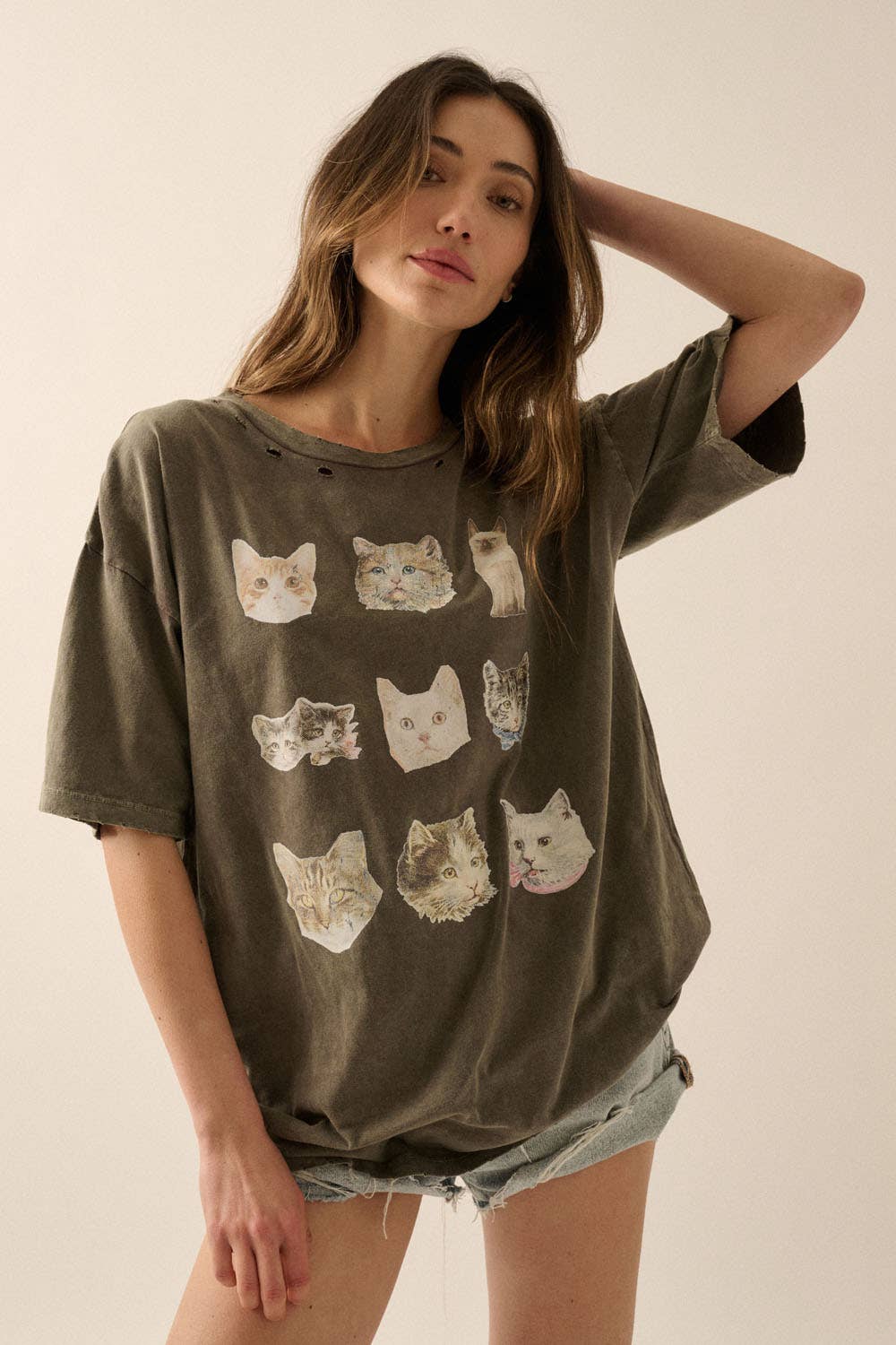 Cat Photos Distressed Oversize Graphic Tee: Iron