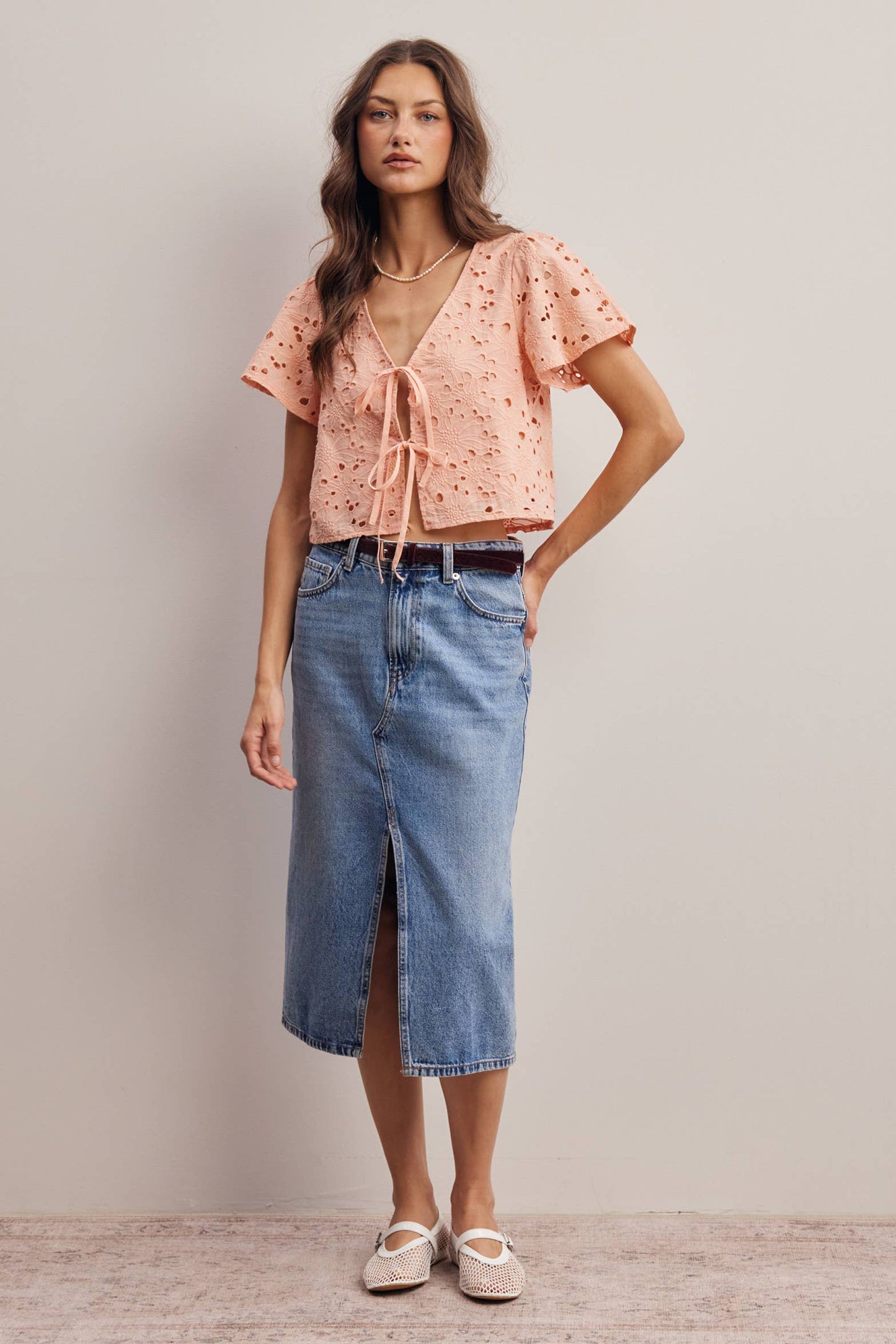 Eyelet Tie-Front Lined Cotton Top: Ivory