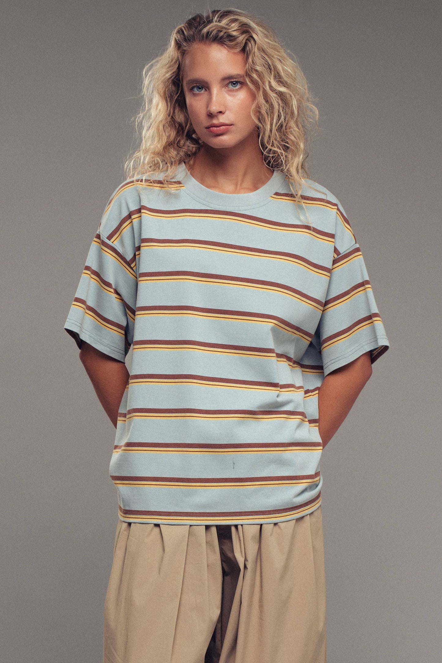 Oversized Striped Western Relaxed Fit Tee: BLUE BROWN