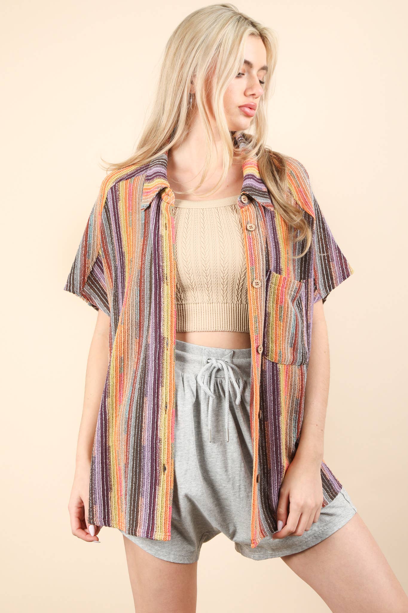 Oversized Crochet Multi Color Striped Shirt Top: BRICK MIX