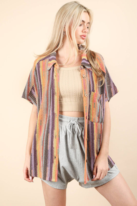 Oversized Crochet Multi Color Striped Shirt Top: BRICK MIX