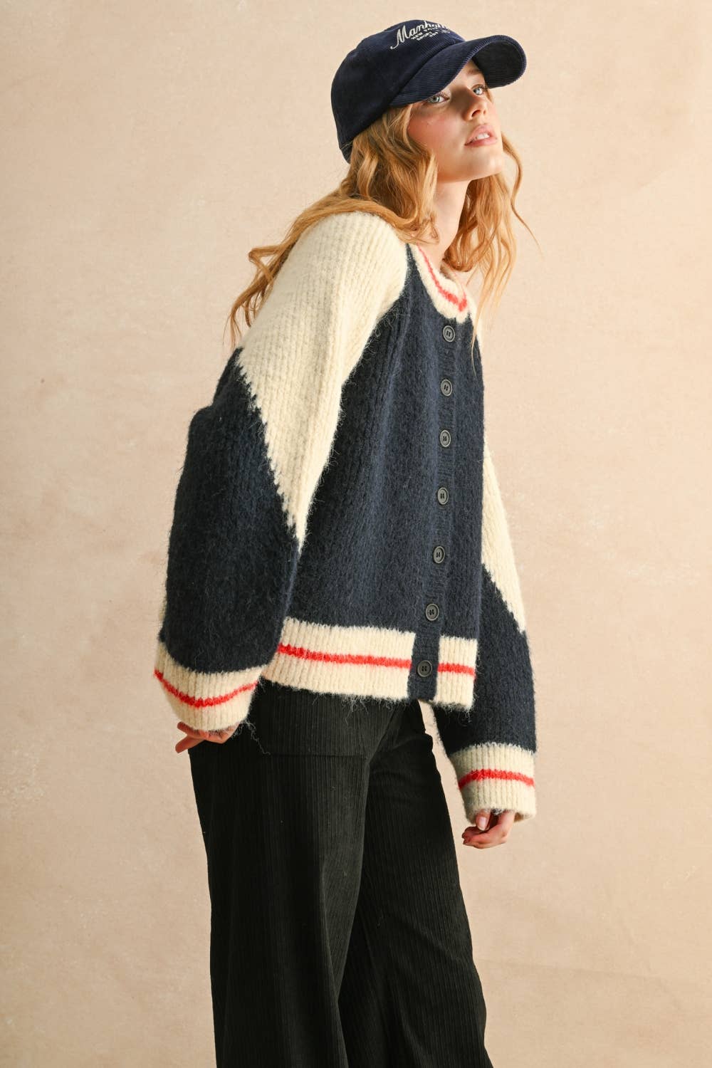 SWEATER BOMBER JACKET: NAVY/CREAM