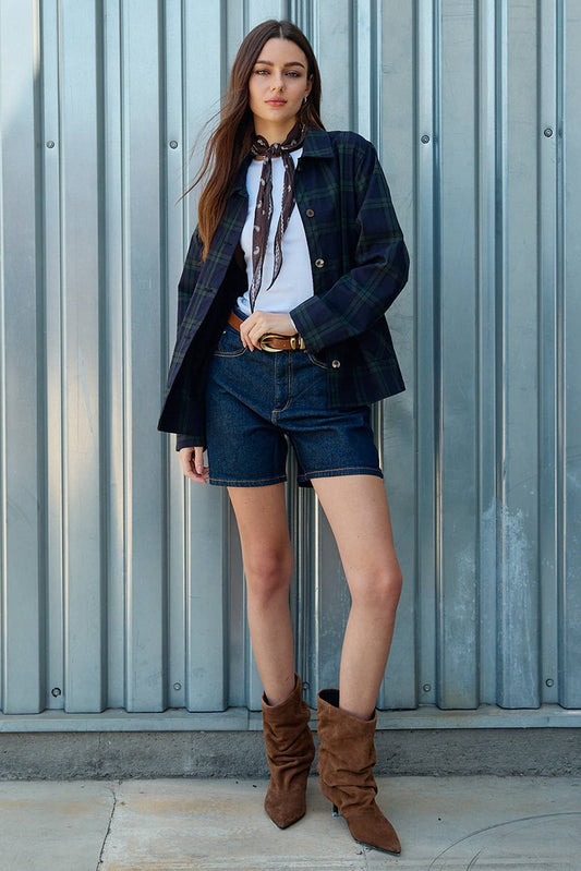 Navy Plaid Button Front Pocket Jacket: NAVY GREEN PLAID
