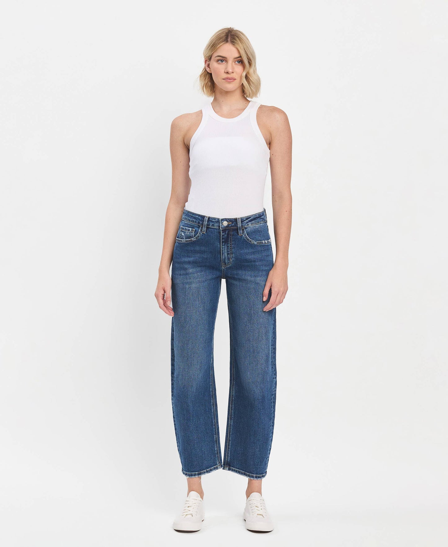HIGH RISE MEDIUM DARK WASH ANKLE BARREL JEANS